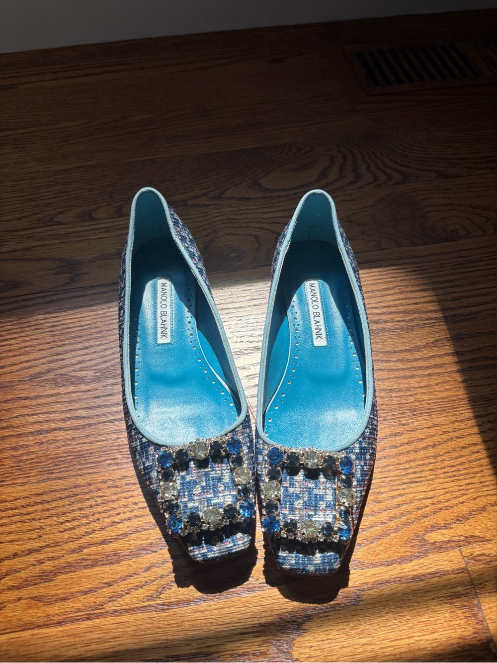 Manolo Blahnik Blue Tweed Jeweled Flats